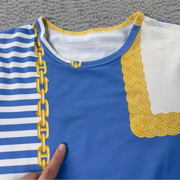 J Mclaughlin Top Womens Medium Blue White Striped Catalina Cloth Short Sleeve - Picture 9 of 9